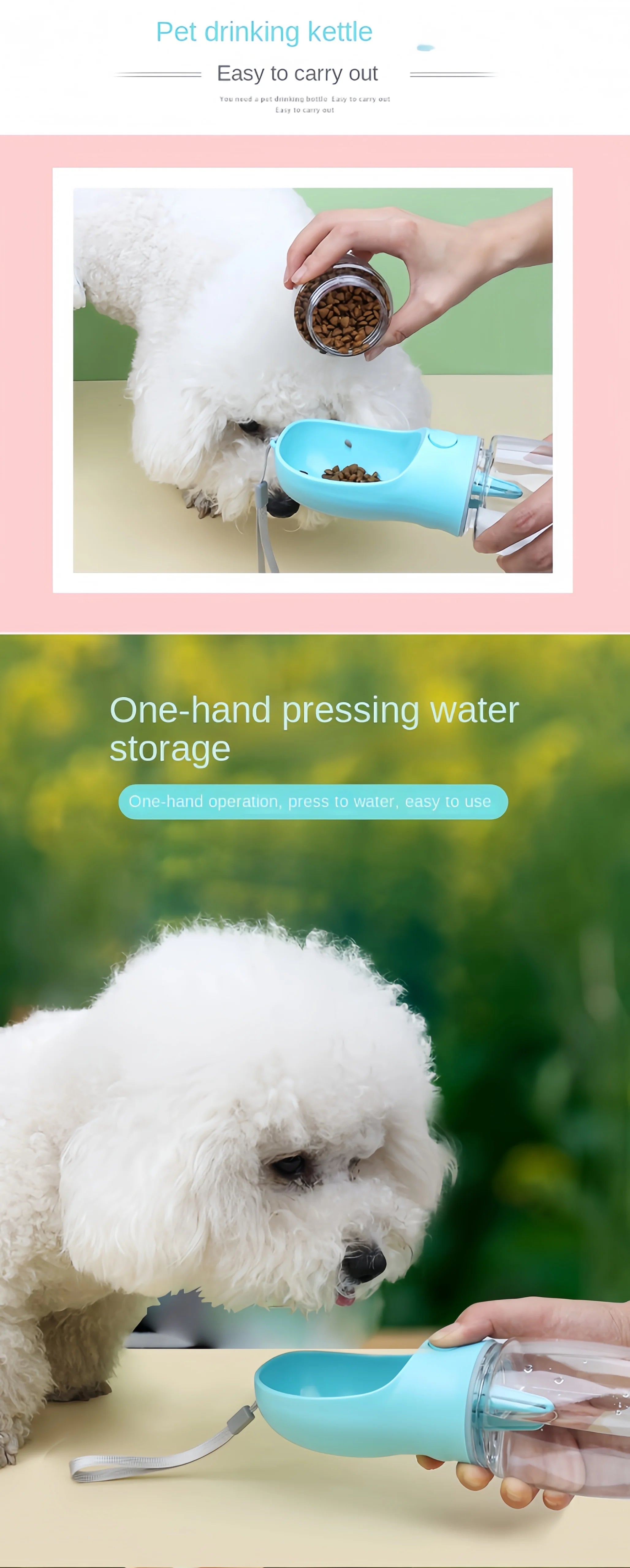 Portable Dog & Cat Water Bottle with Food Storage – 350ml/550ml Travel Pet Feeder Bowl