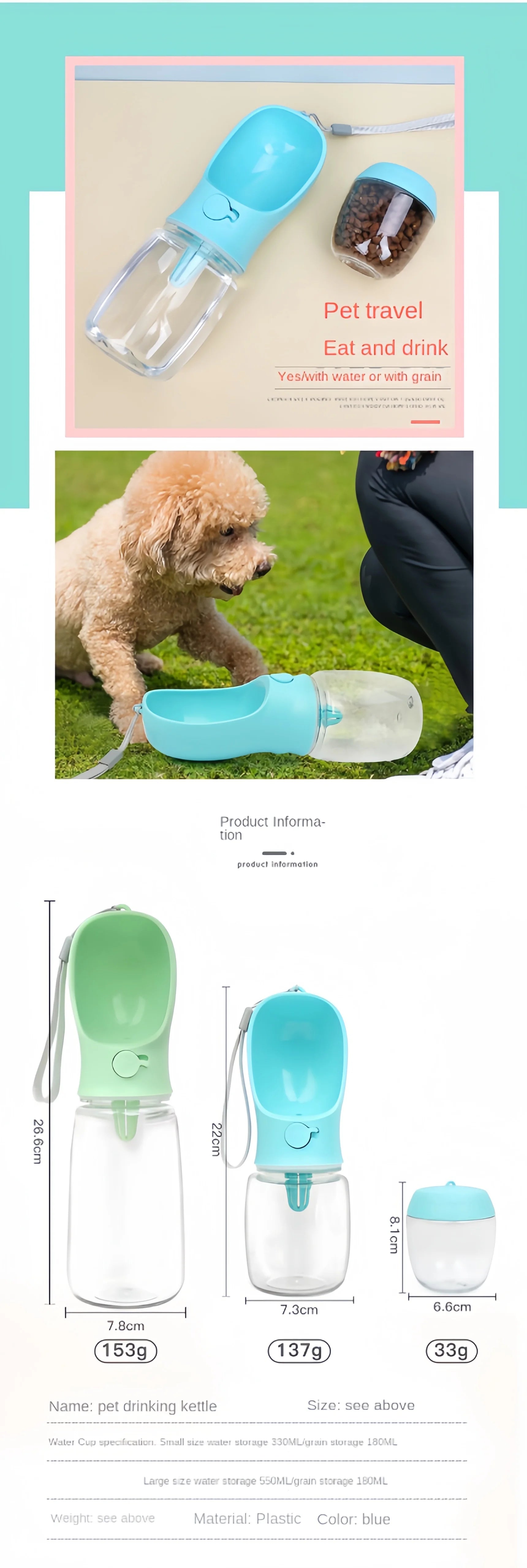Portable Dog & Cat Water Bottle with Food Storage – 350ml/550ml Travel Pet Feeder Bowl