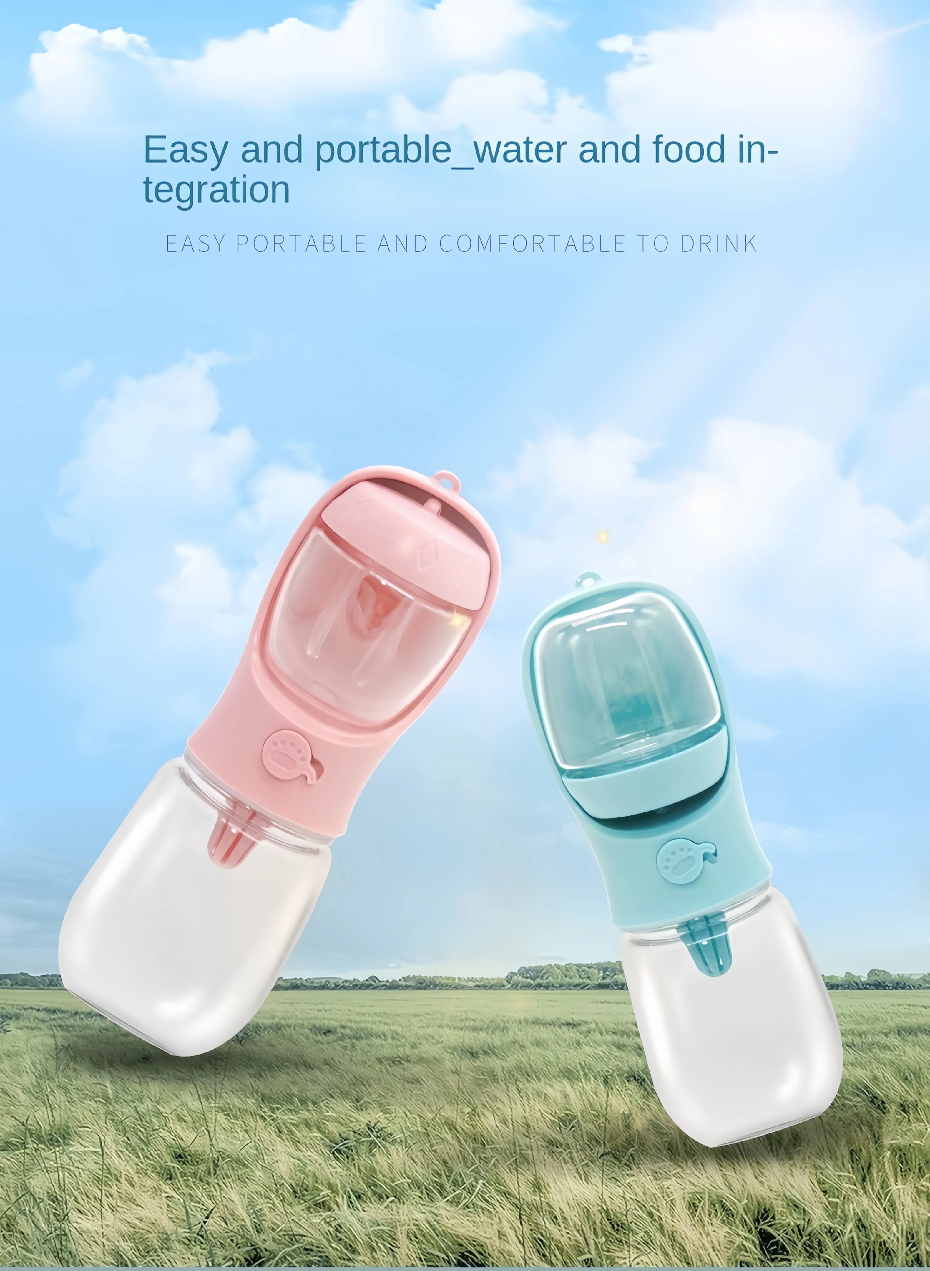 Portable Dog & Cat Water Bottle with Food Storage – 350ml/550ml Travel Pet Feeder Bowl