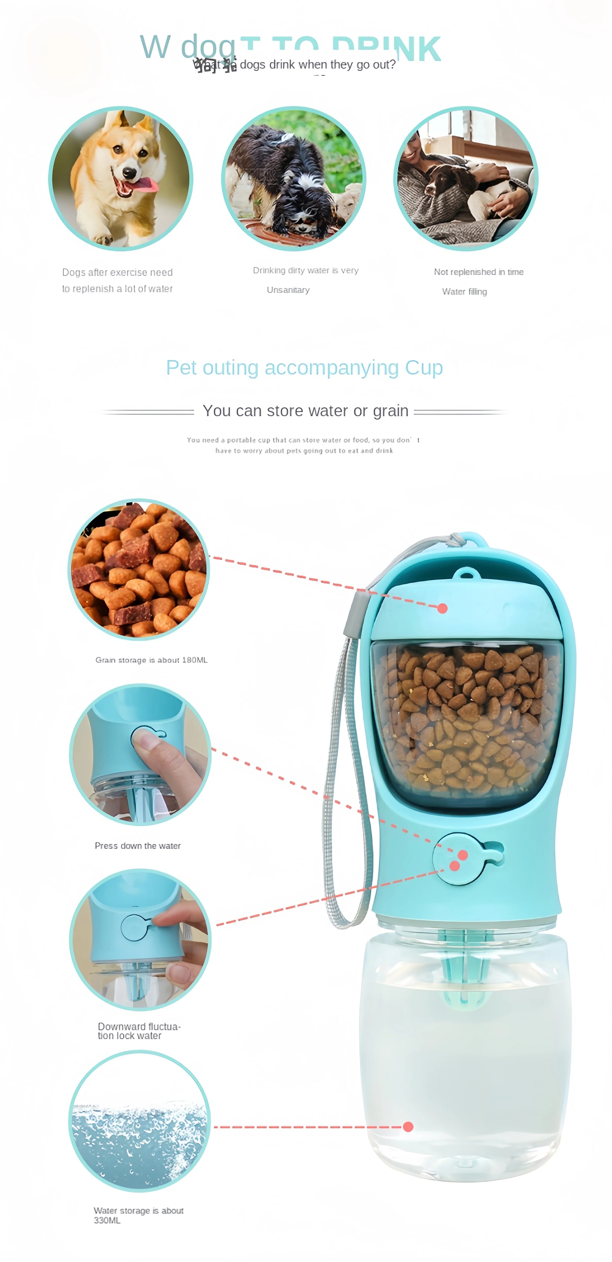 Portable Dog & Cat Water Bottle with Food Storage – 350ml/550ml Travel Pet Feeder Bowl