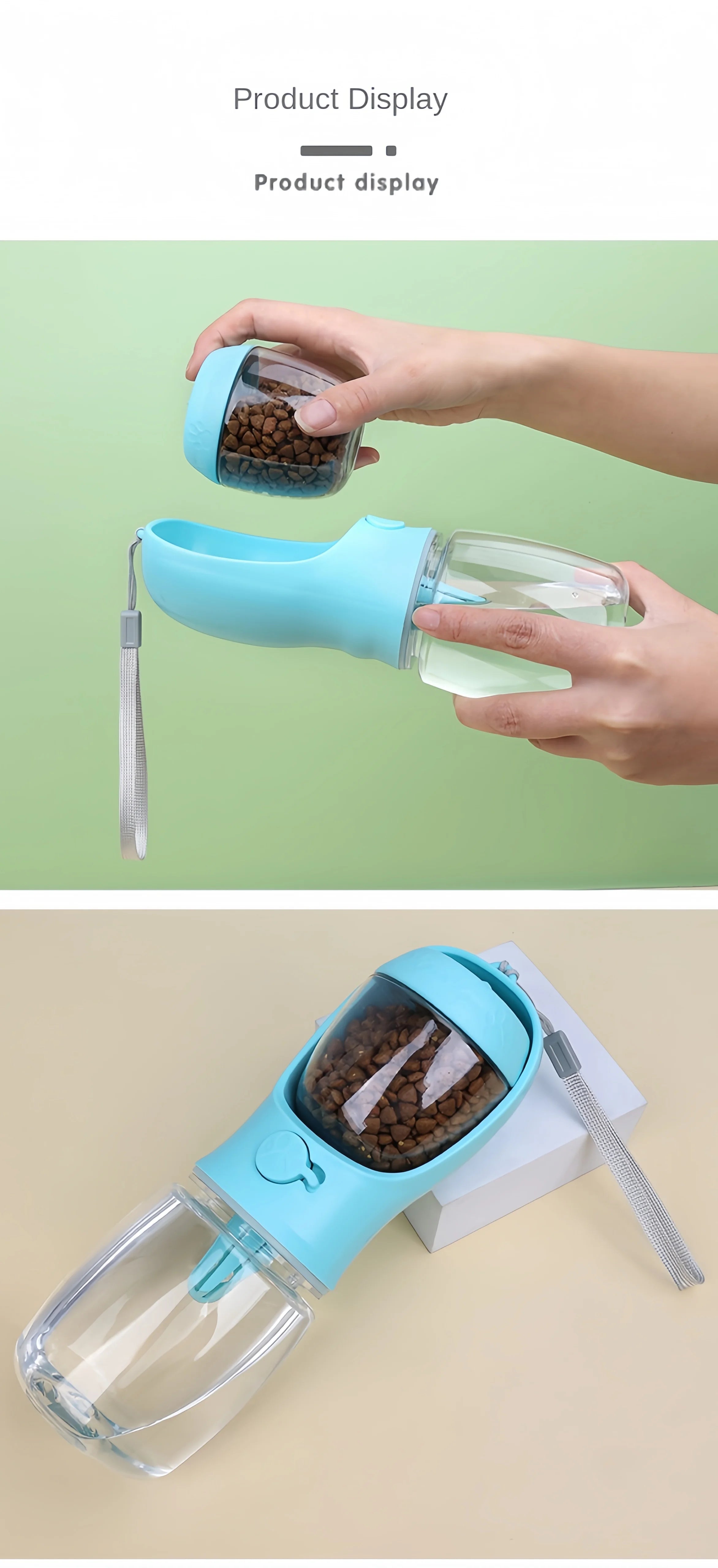 Portable Dog & Cat Water Bottle with Food Storage – 350ml/550ml Travel Pet Feeder Bowl