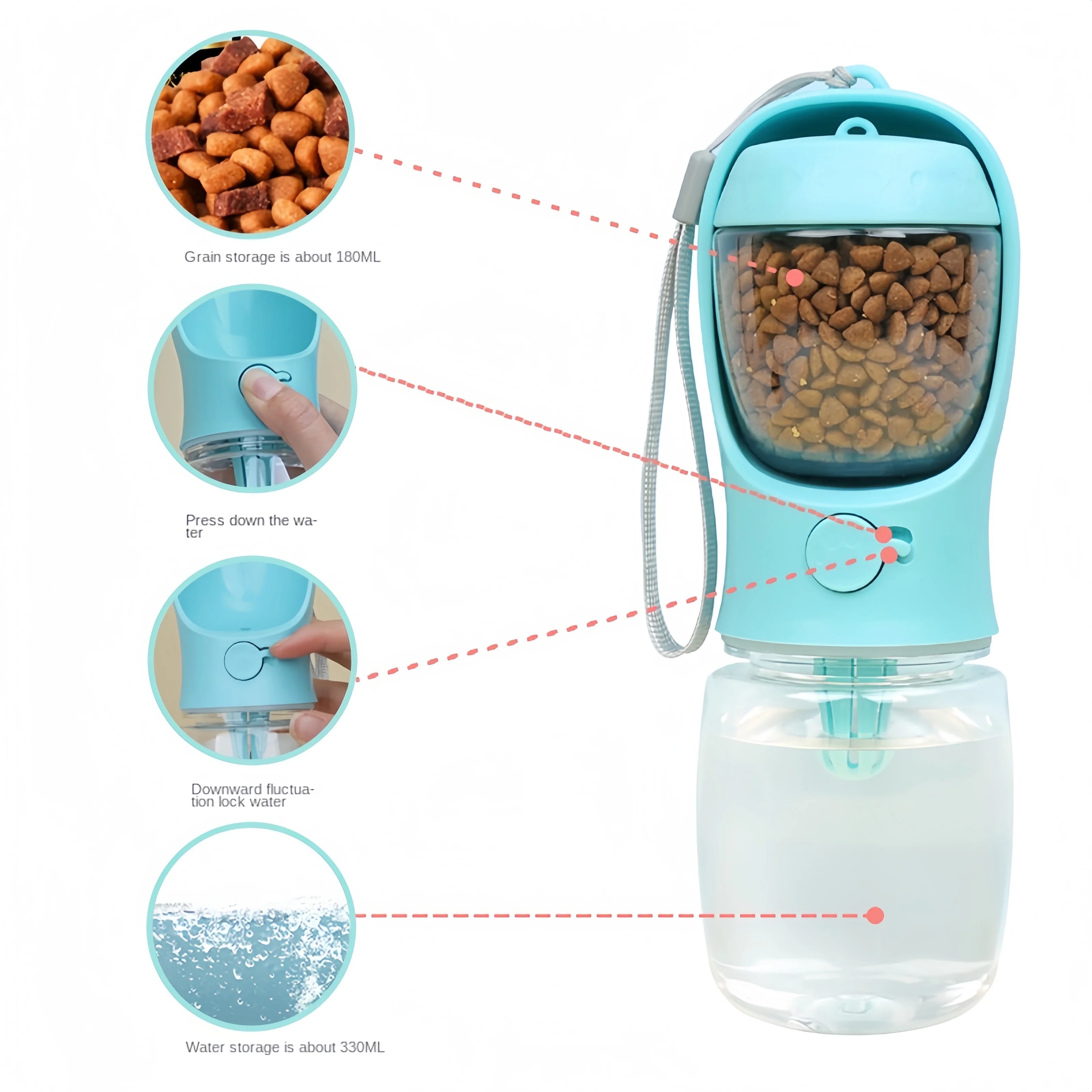 Portable Dog & Cat Water Bottle with Food Storage – 350ml/550ml Travel Pet Feeder Bowl